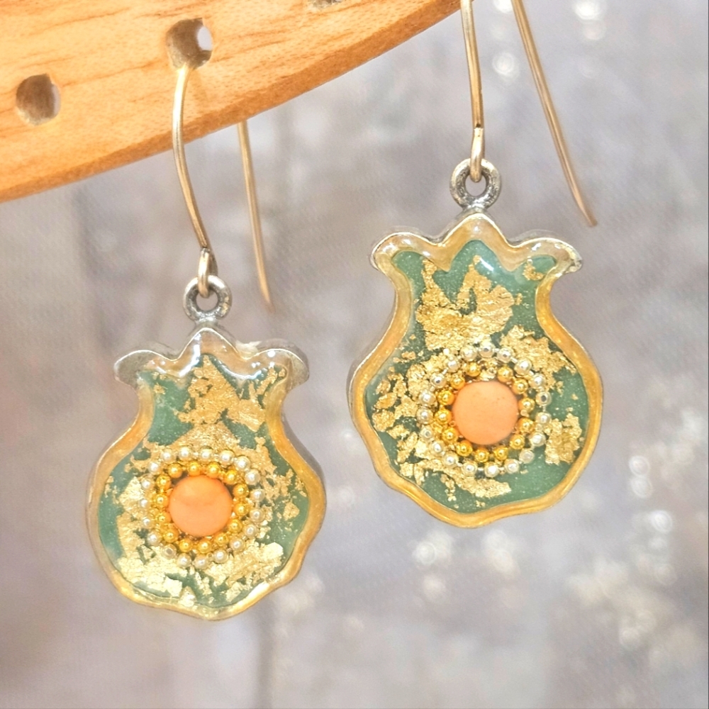 Mint Green Pomegranate Coral Gold Foil Earrings 925 Signed H.W Sterling Silver